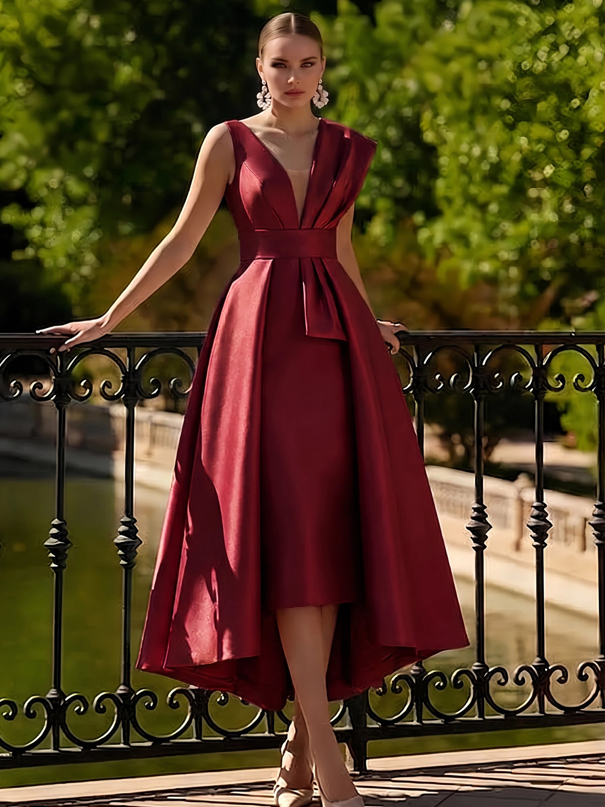 V‑Neck Sleeveless Satin High‑Low A‑Line Maxi Dress