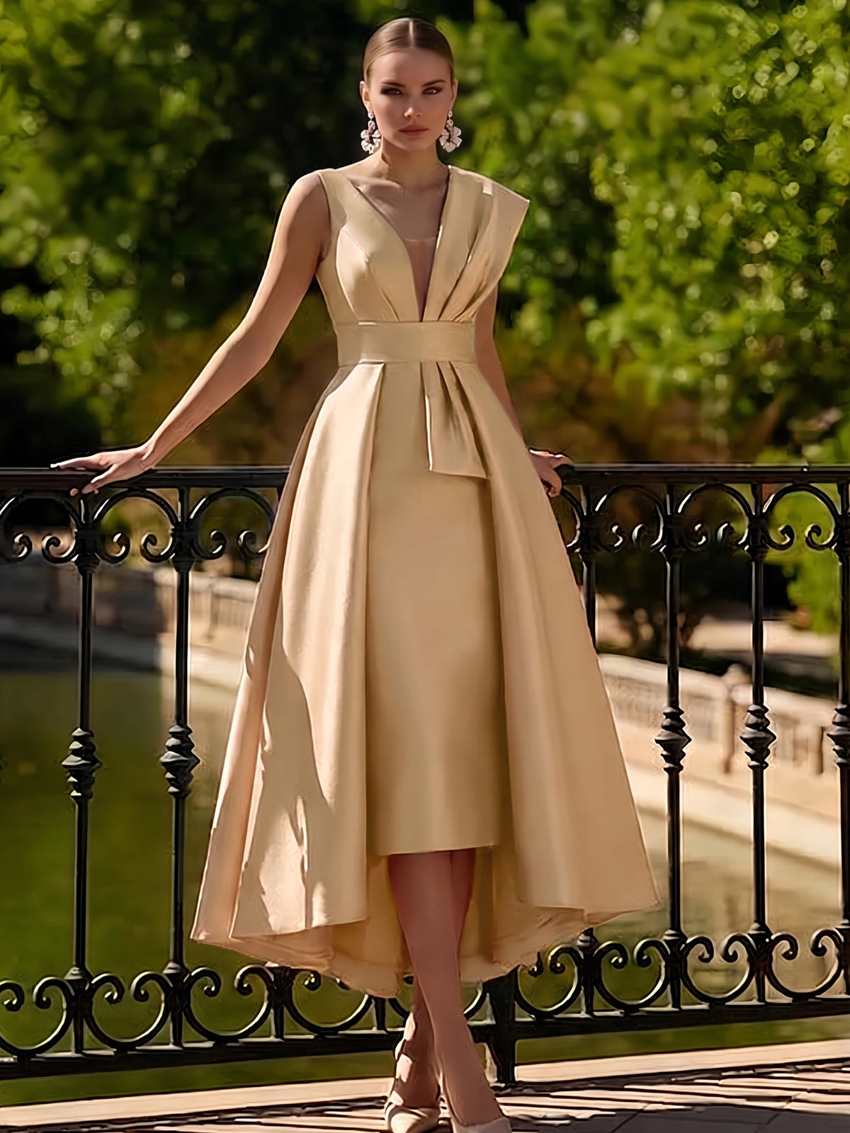 V‑Neck Sleeveless Satin High‑Low A‑Line Maxi Dress