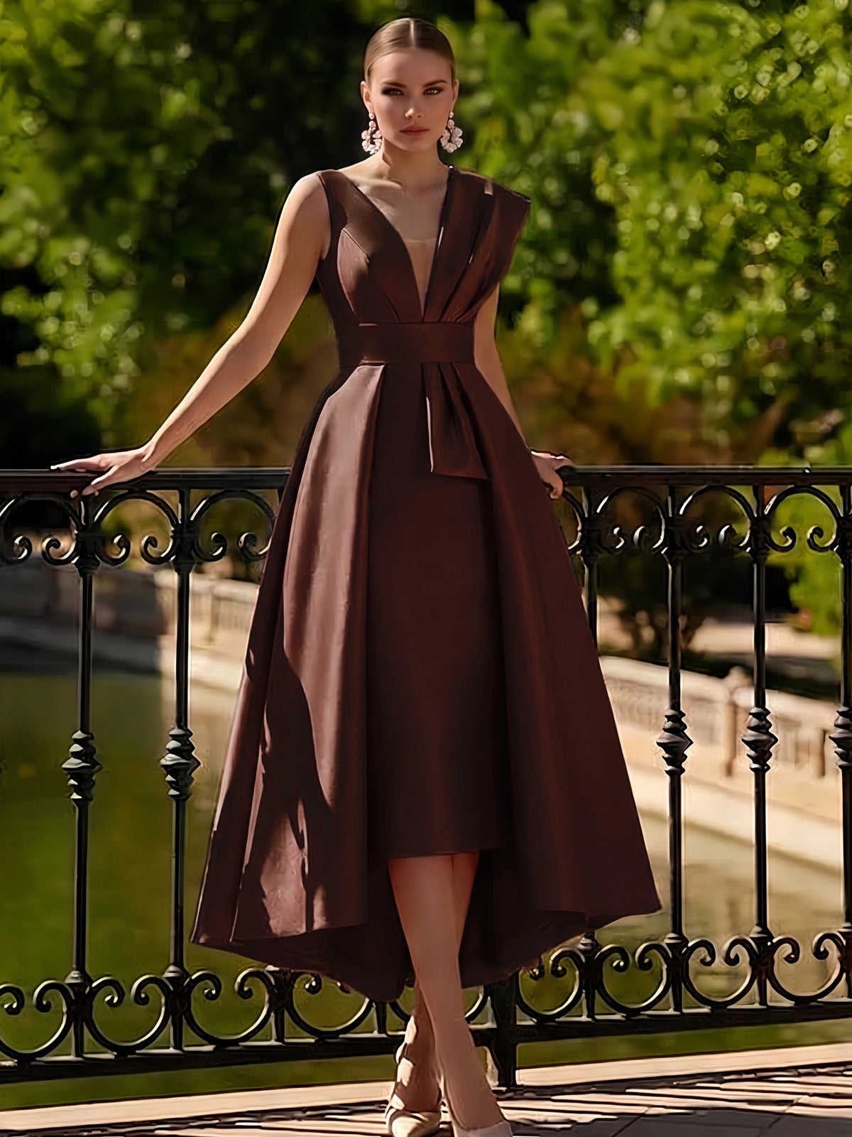 V‑Neck Sleeveless Satin High‑Low A‑Line Maxi Dress