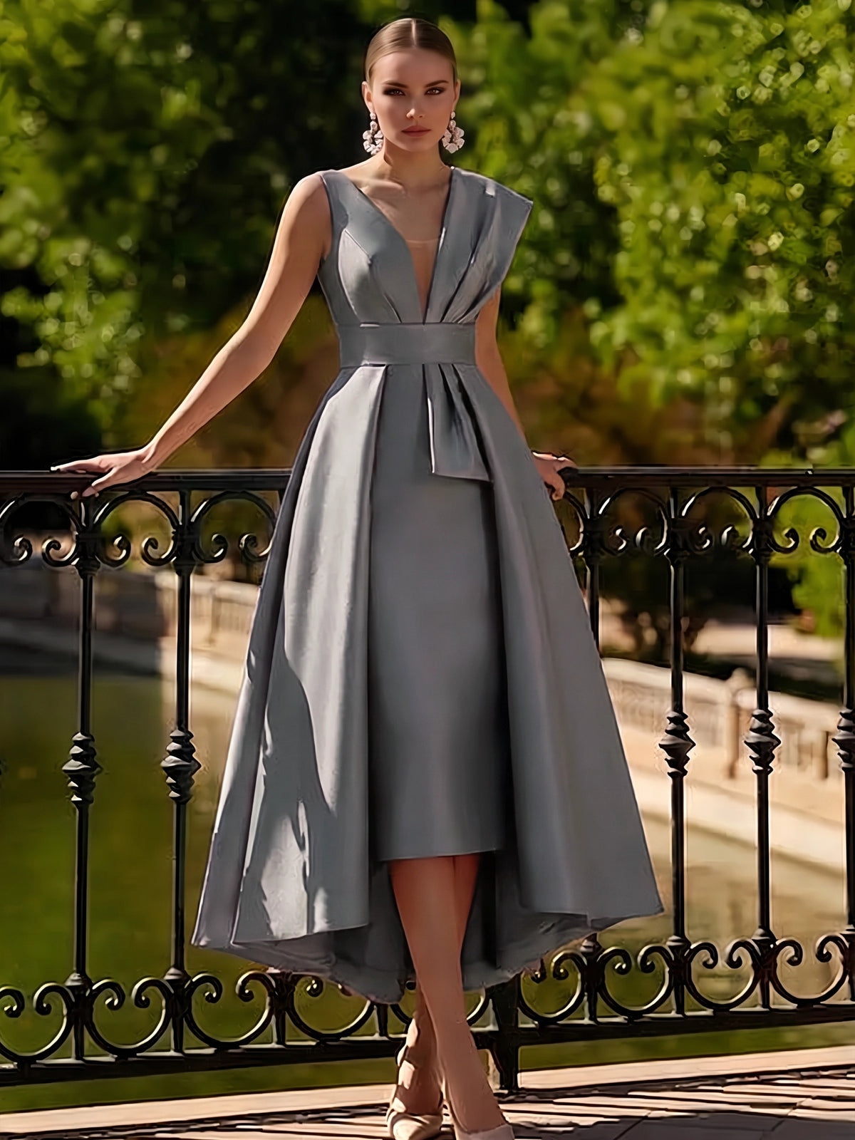 V‑Neck Sleeveless Satin High‑Low A‑Line Maxi Dress