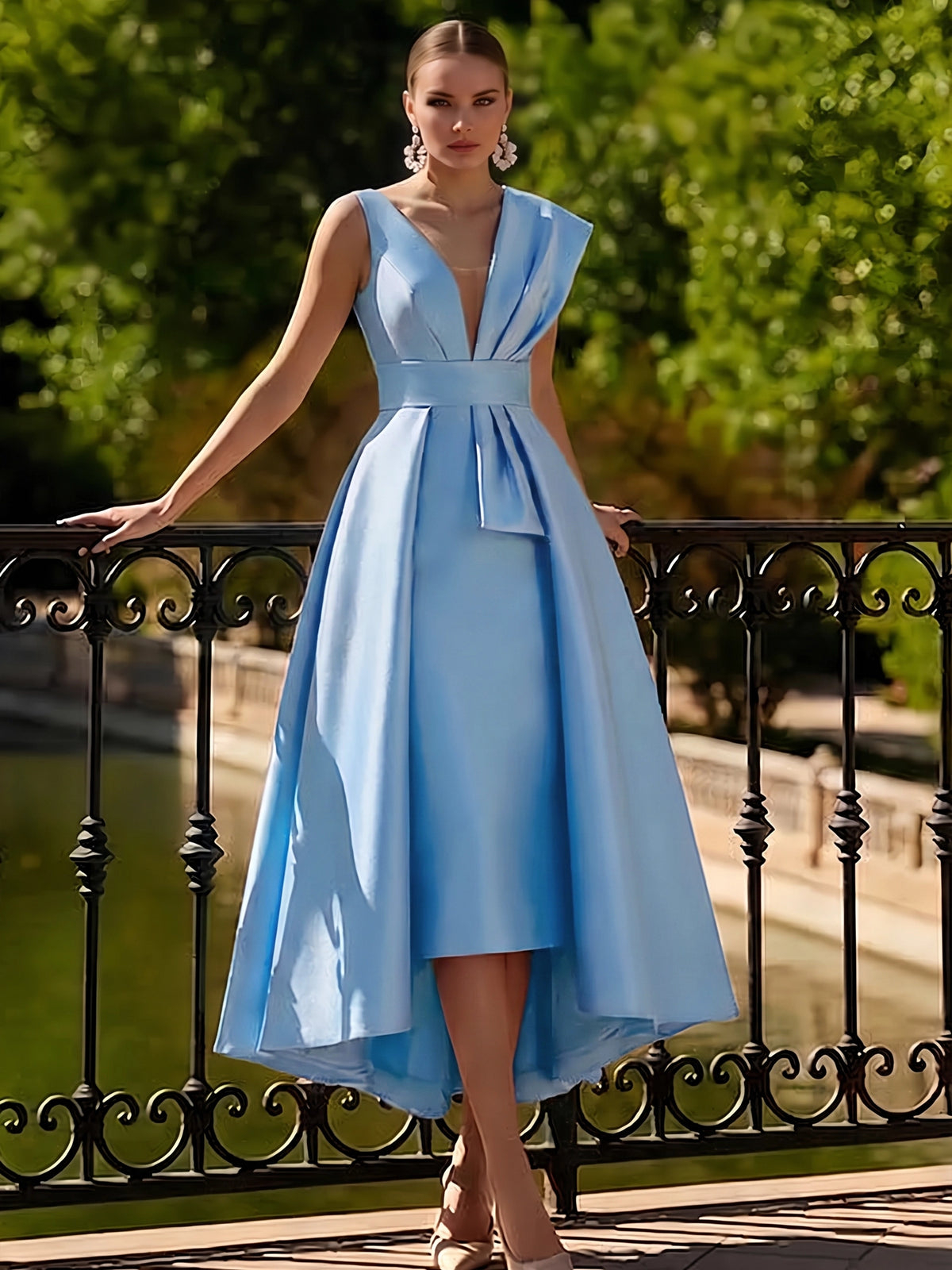 V‑Neck Sleeveless Satin High‑Low A‑Line Maxi Dress