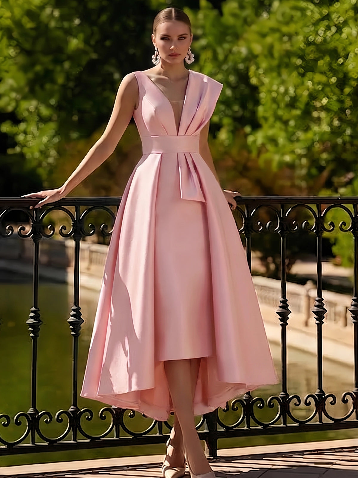 V‑Neck Sleeveless Satin High‑Low A‑Line Maxi Dress