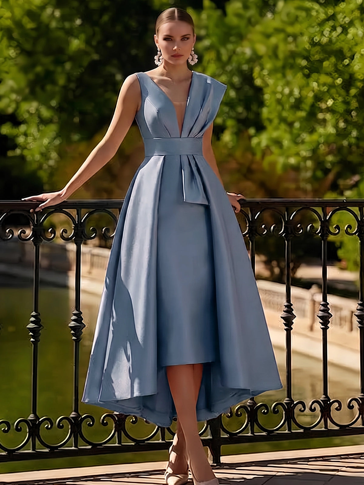 V‑Neck Sleeveless Satin High‑Low A‑Line Maxi Dress