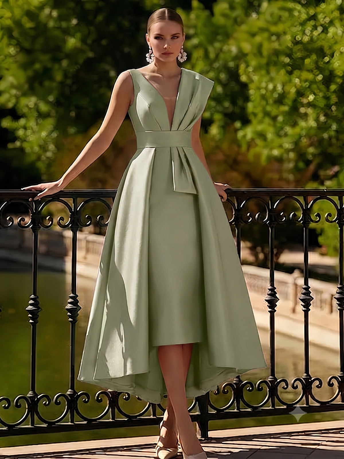 V‑Neck Sleeveless Satin High‑Low A‑Line Maxi Dress