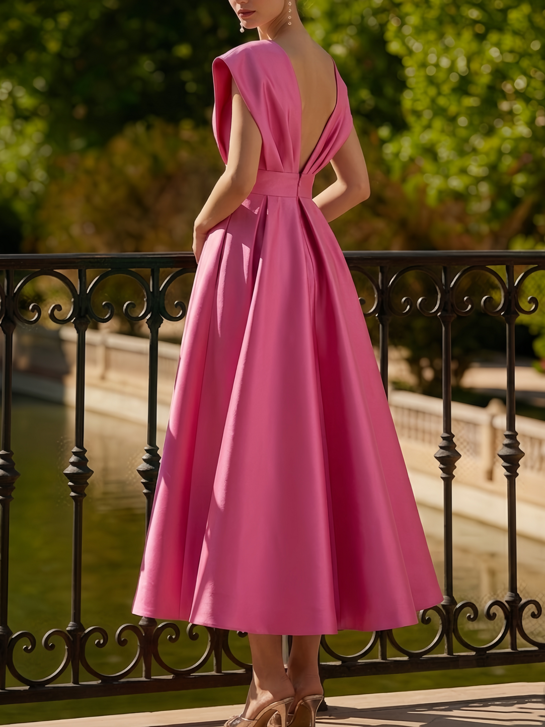 V‑Neck Sleeveless Satin High‑Low A‑Line Maxi Dress