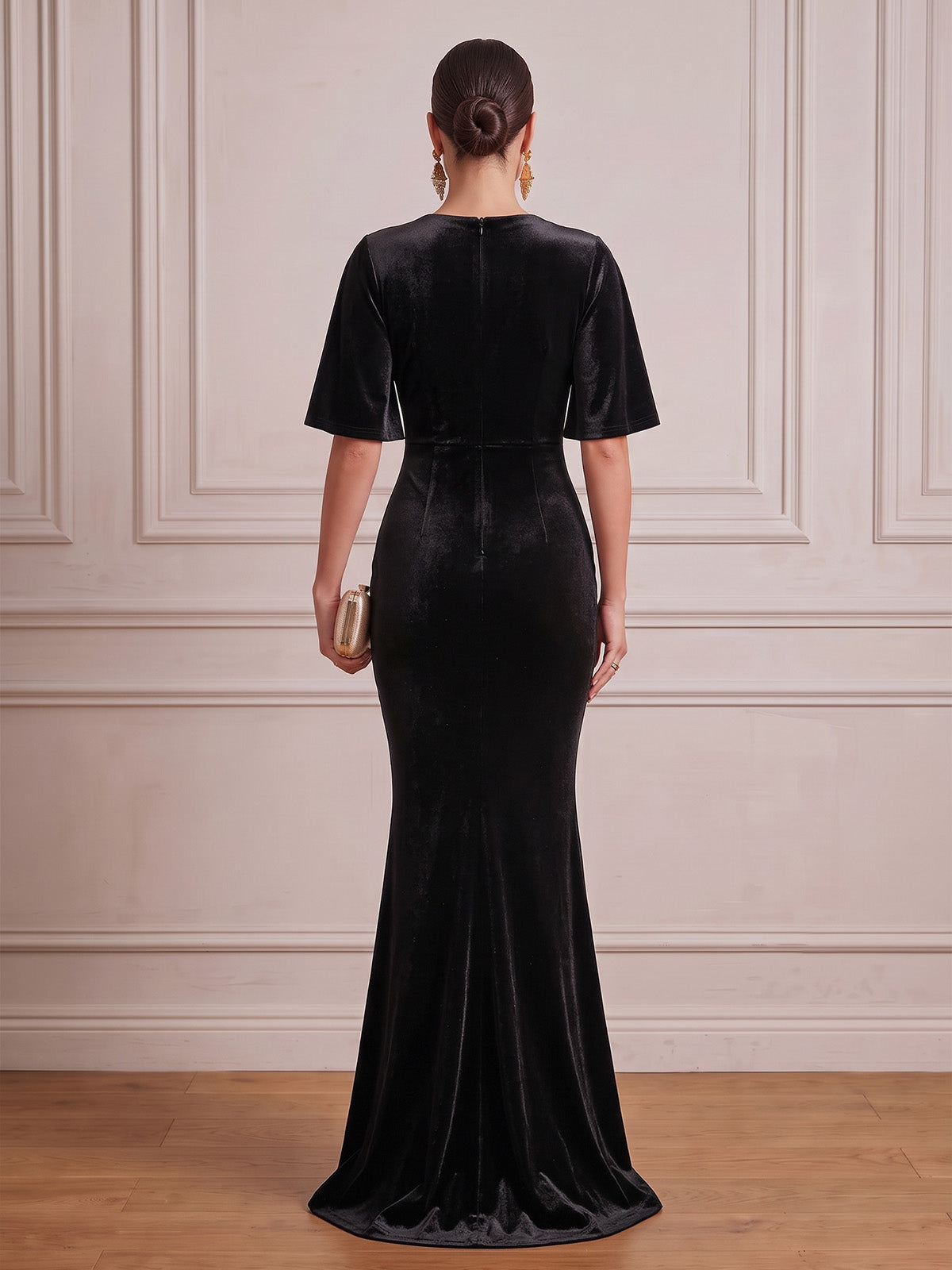 Black Velvet Deep V Flounce Sleeve Twisted Waist Mermaid Maxi Dress