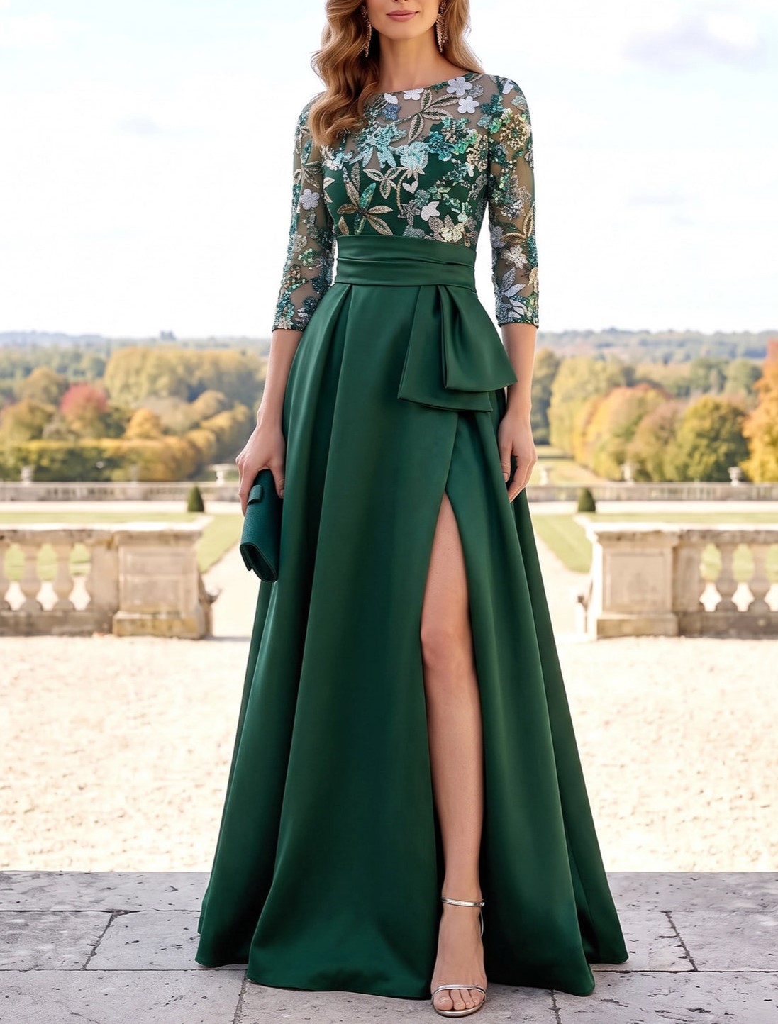Green A-Line Crew Neck Satin Long Sleeves Sequin Illusion Bodice Maxi Dress