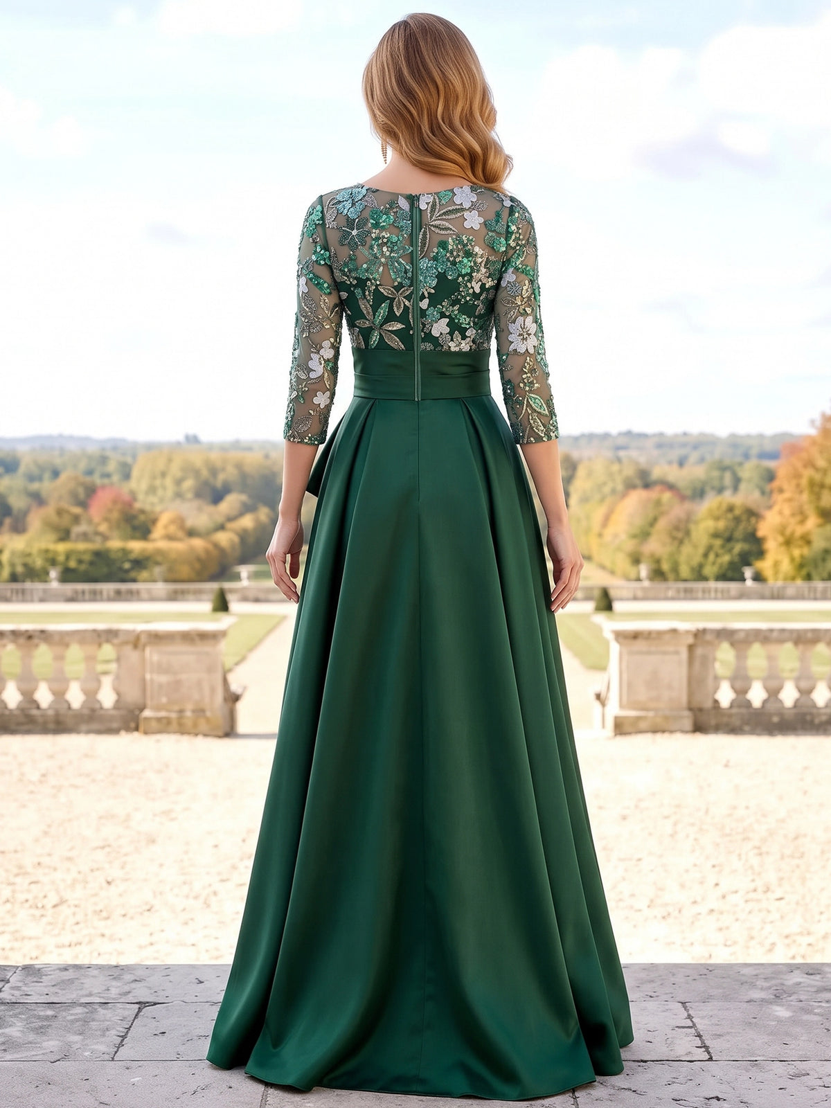 Green A-Line Crew Neck Satin Long Sleeves Sequin Illusion Bodice Maxi Dress