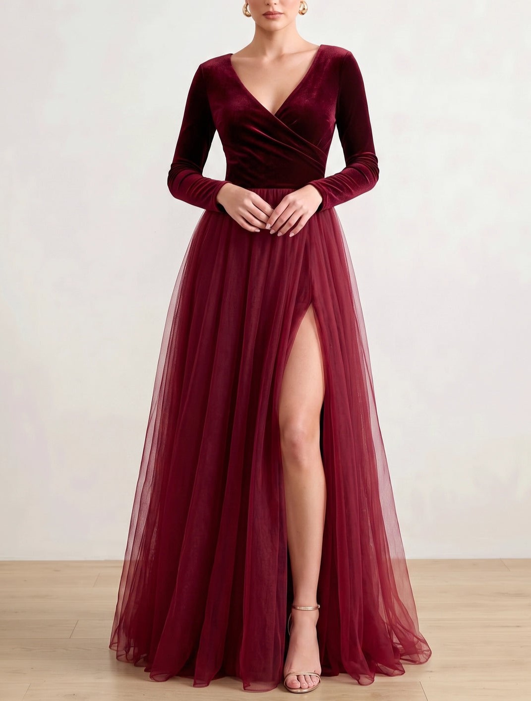 Burgundy A-Line Velvet Tulle V Neck Long Sleeves Maxi Dress With High Slit