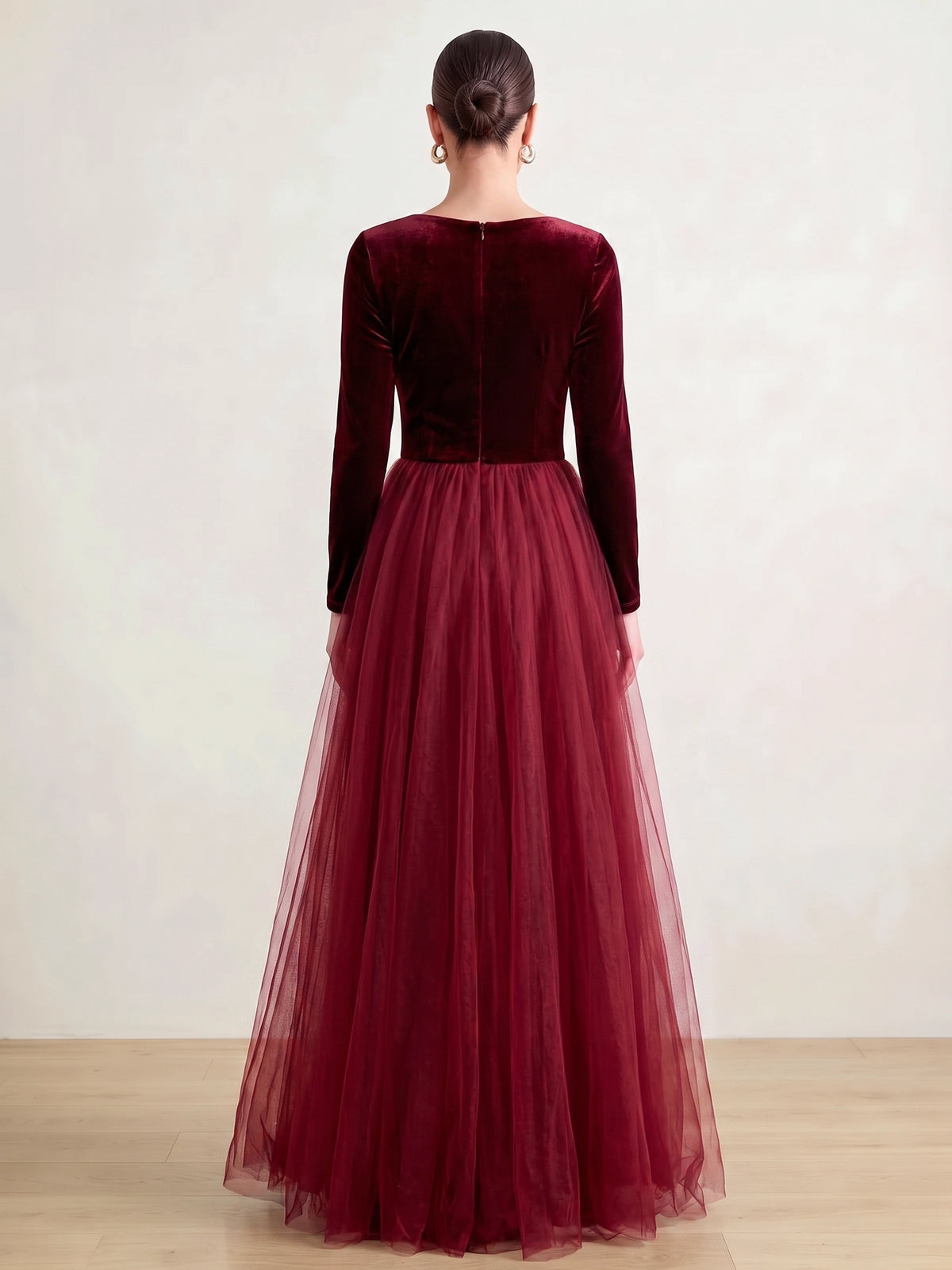 Burgundy A-Line Velvet Tulle V Neck Long Sleeves Maxi Dress With High Slit