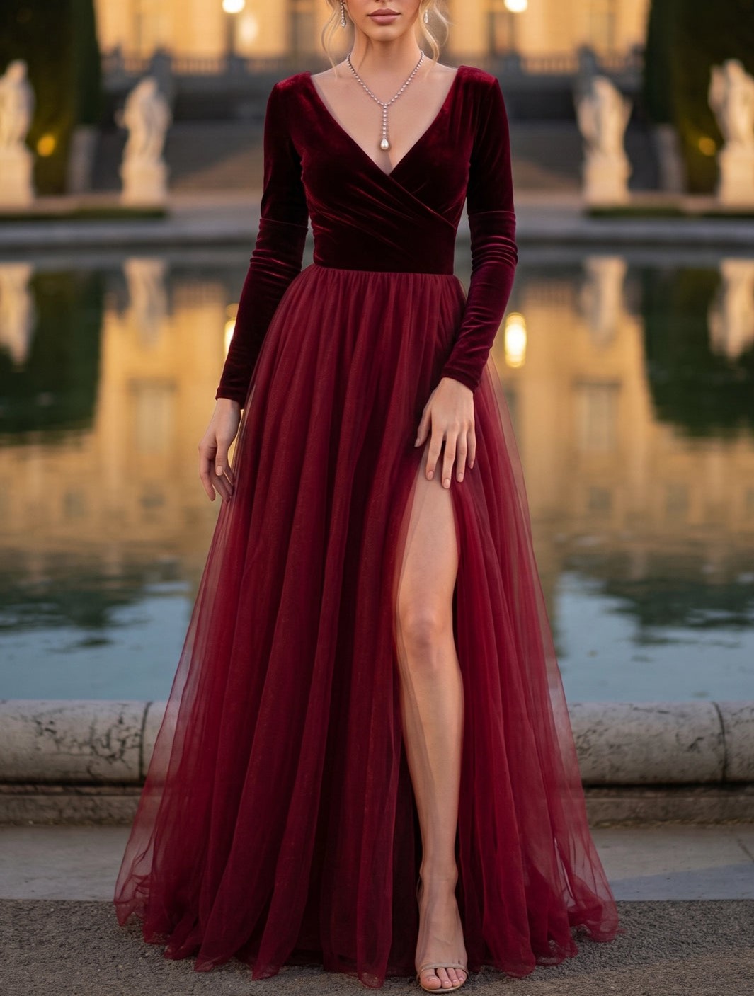 Burgundy A-Line Velvet Tulle V Neck Long Sleeves Maxi Dress With High Slit