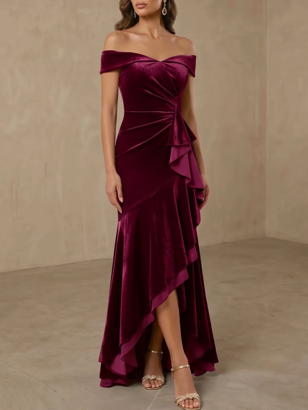 Burgundy Velvet Off Shoulder Ruched Ruffle Side Slit Mermaid Maxi Dress