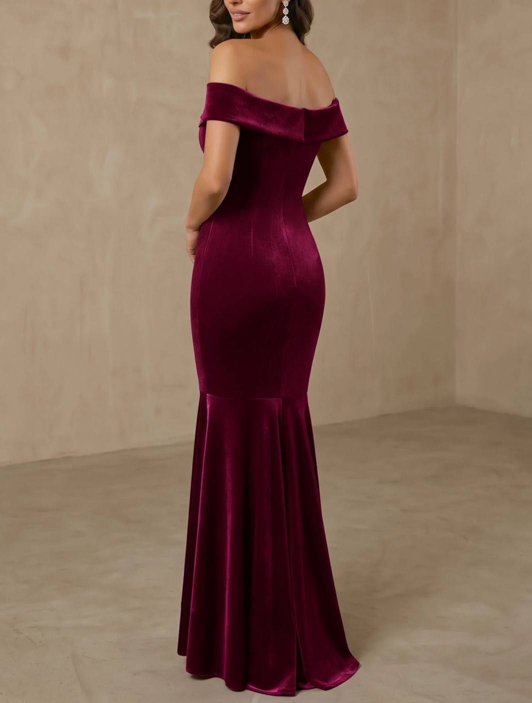 Burgundy Velvet Off Shoulder Ruched Ruffle Side Slit Mermaid Maxi Dress