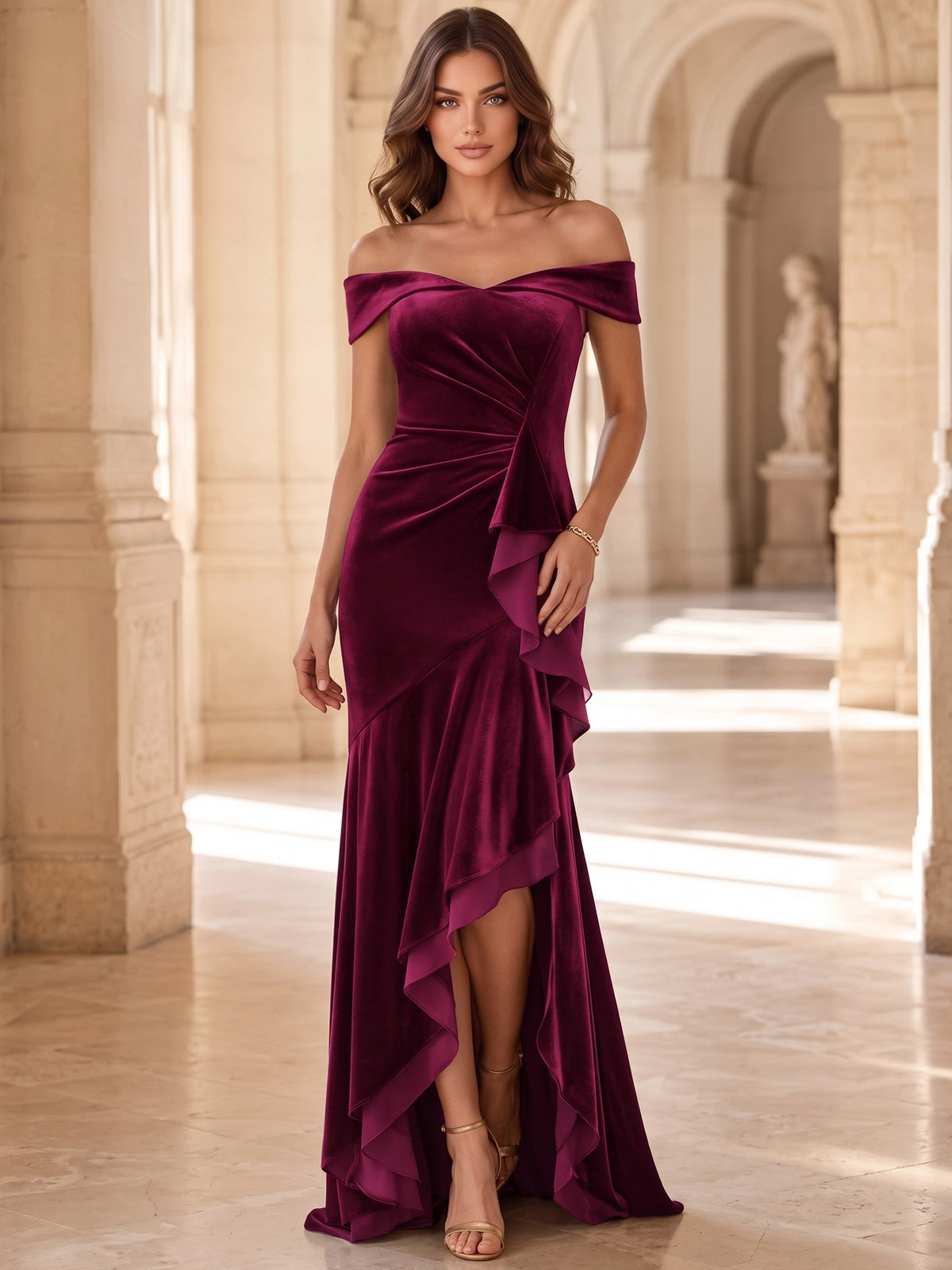 Burgundy Velvet Off Shoulder Ruched Ruffle Side Slit Mermaid Maxi Dress