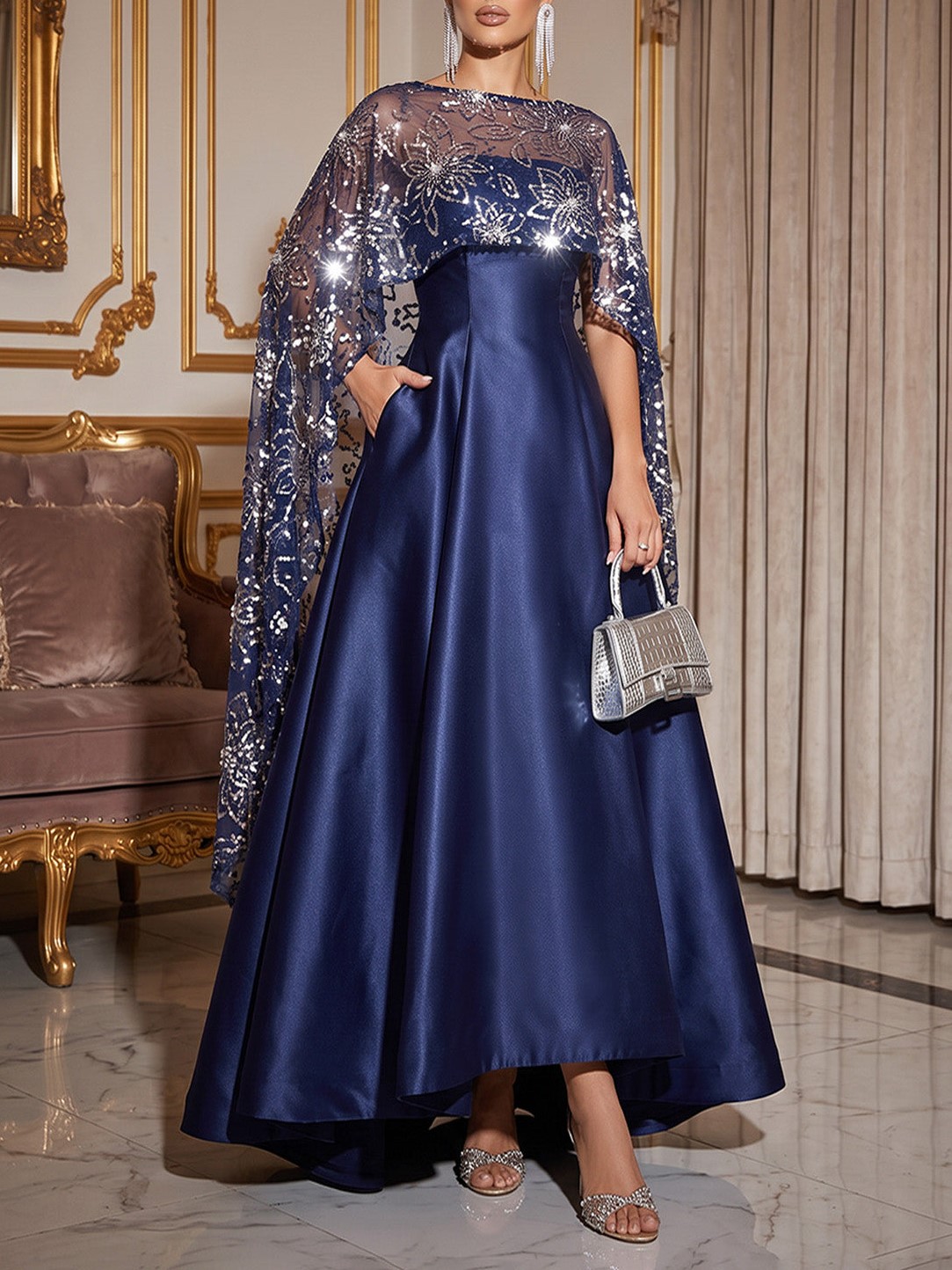 Navy Blue A-Line Satin Asymmetrical Sequined Cape Sleeves Bateau Neck With Pocket