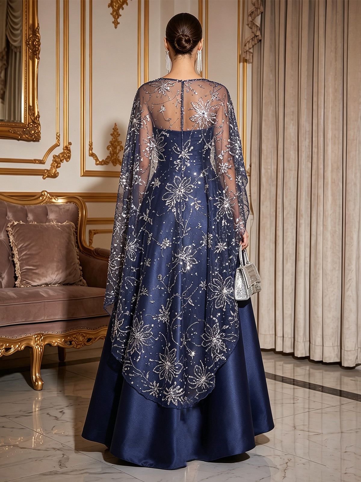 Navy Blue A-Line Satin Asymmetrical Sequined Cape Sleeves Bateau Neck With Pocket