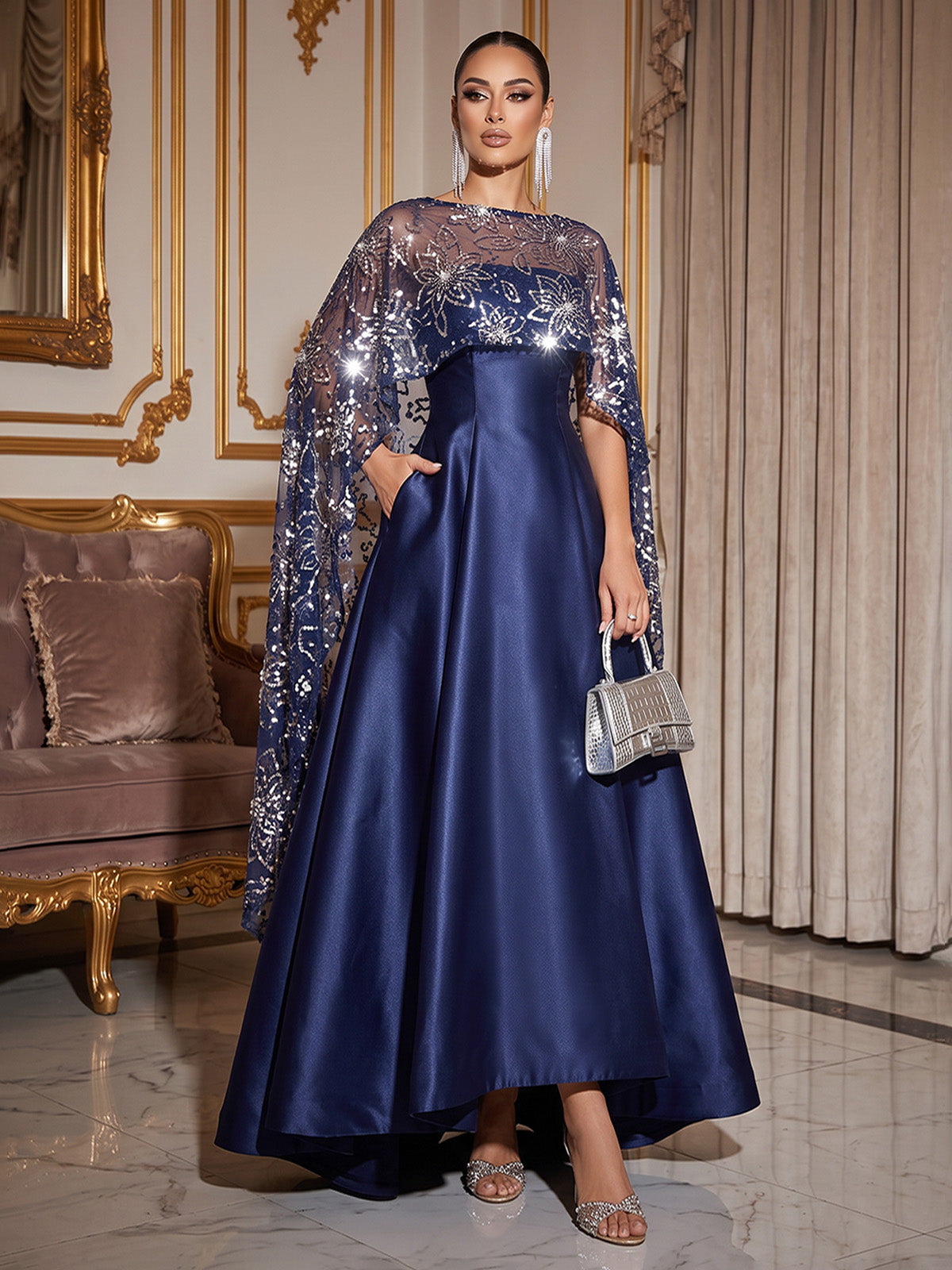 Navy Blue A-Line Satin Asymmetrical Sequined Cape Sleeves Bateau Neck With Pocket