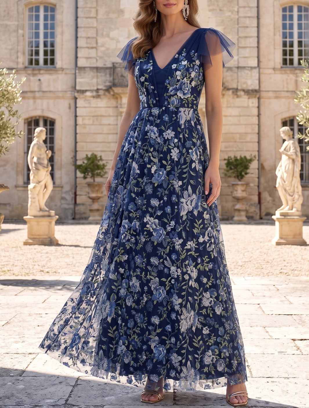 Navy Blue A-Line Floral Embroidery V-Neck Short Sleeves Maix Dress