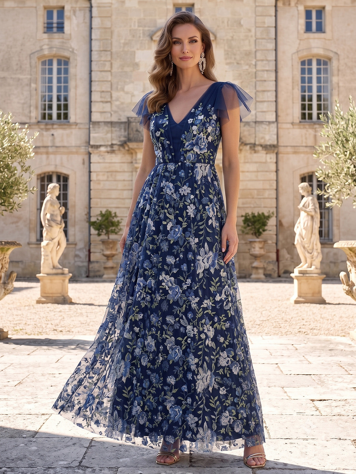 Navy Blue A-Line Floral Embroidery V-Neck Short Sleeves Maix Dress