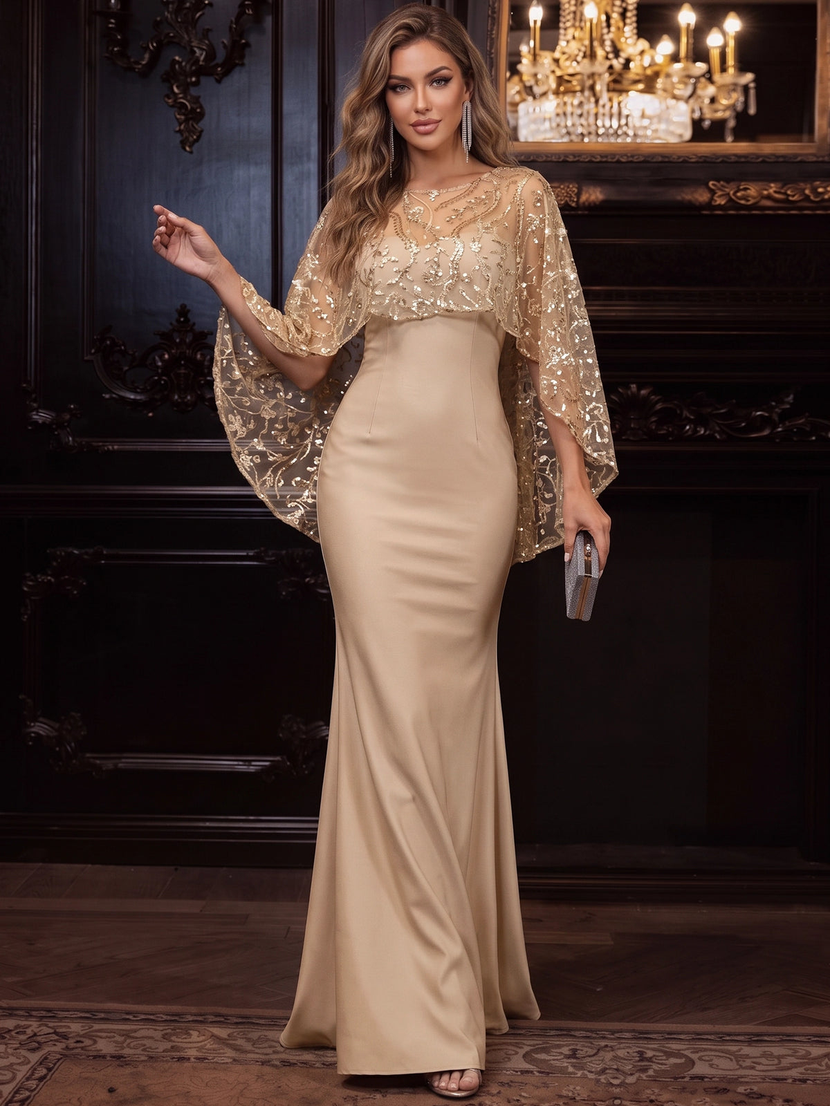 Champagne Round Neck Sequin Cape Mermaid Floor-Length Maxi Dress