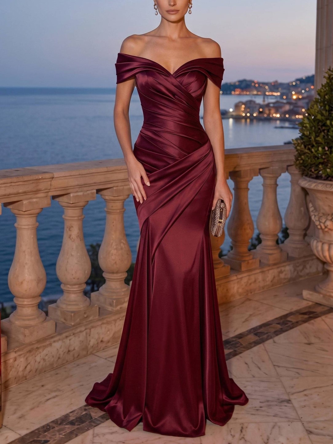 Burgundy Satin Off Shoulder Mermaid Maxi Dress