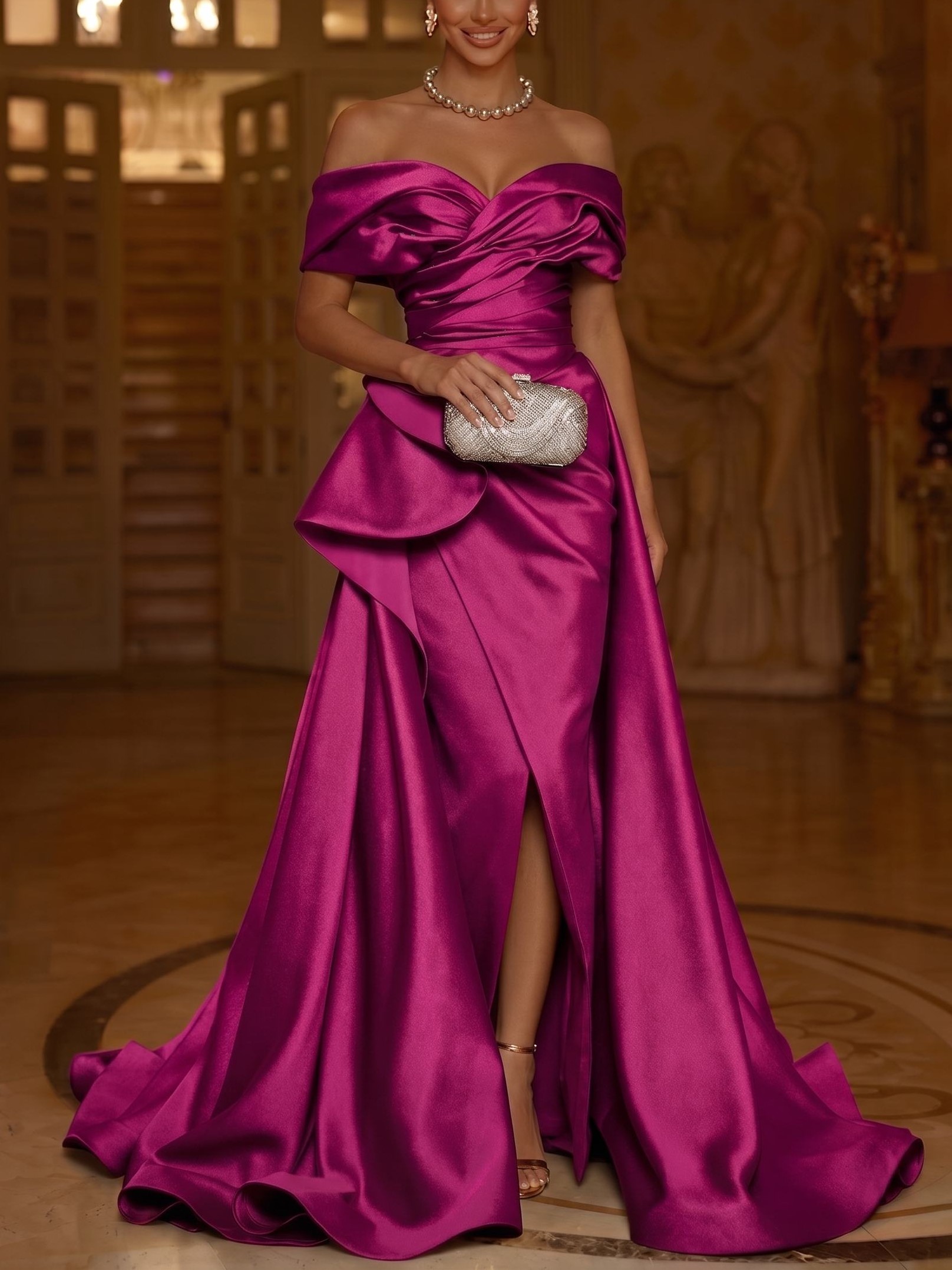 Fuchsia Off-the-Shoulder Short Sleeve Asymmetric Ruffle Front Slit Sheath Maxi Dress