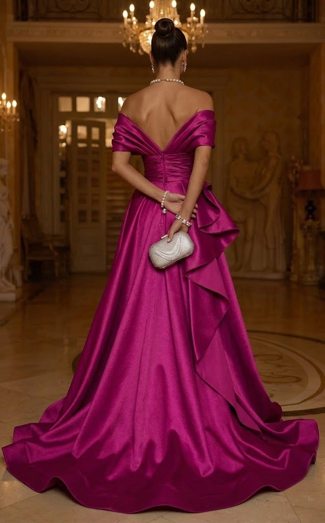 Fuchsia Off-the-Shoulder Short Sleeve Asymmetric Ruffle Front Slit Sheath Maxi Dress