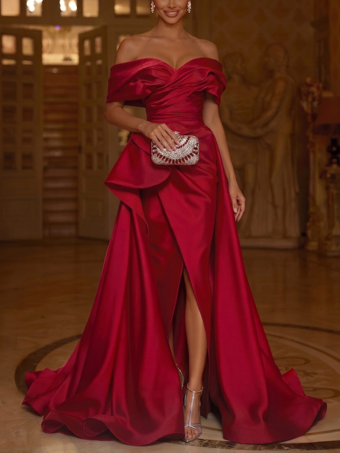 Fuchsia Off-the-Shoulder Short Sleeve Asymmetric Ruffle Front Slit Sheath Maxi Dress