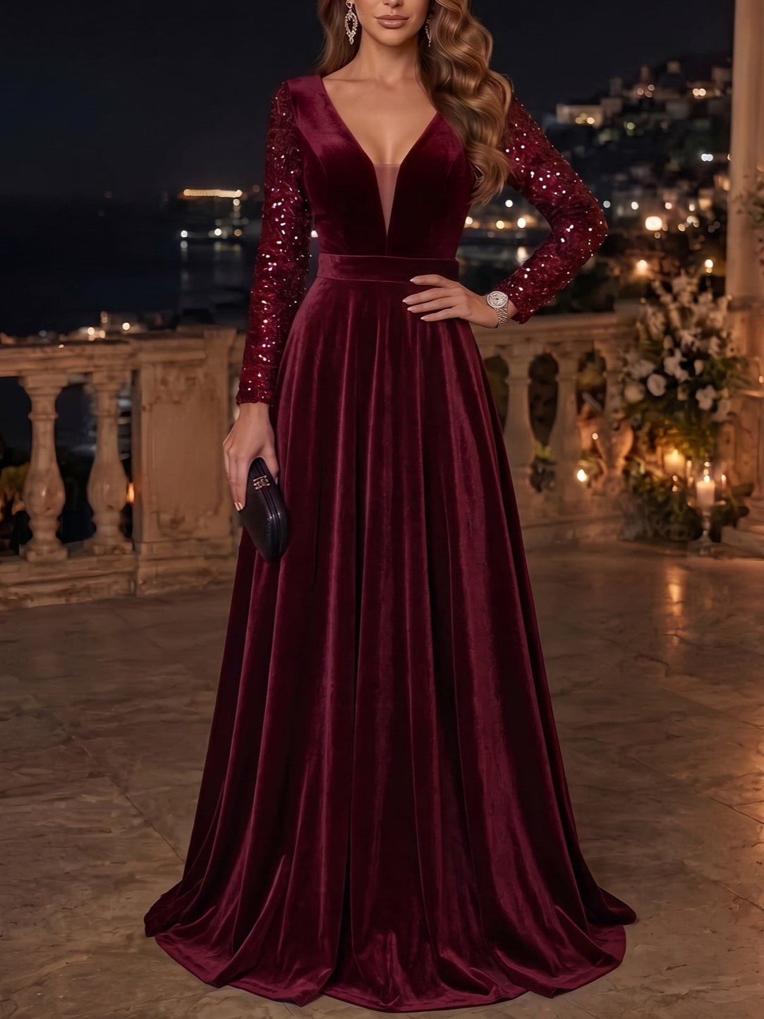 Burgundy V-Neck Sequin Long Sleeve Velvet A-Line Maxi Dress