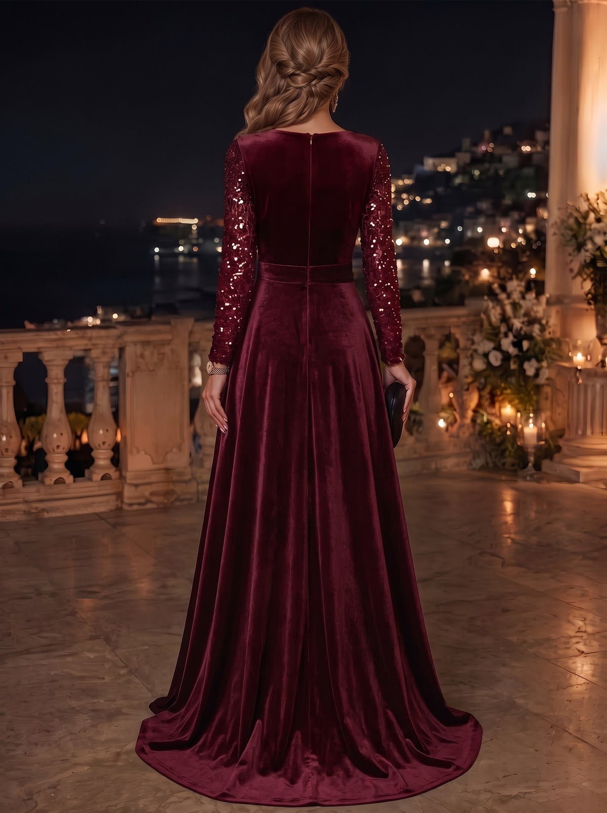 Burgundy V-Neck Sequin Long Sleeve Velvet A-Line Maxi Dress