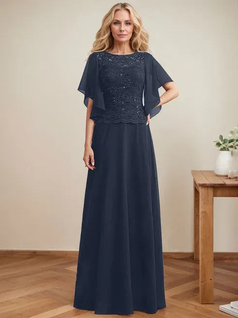 A-line Scoop Illusion Floor-Length Lace Chiffon Mother of the Bride Dress With Sequins
