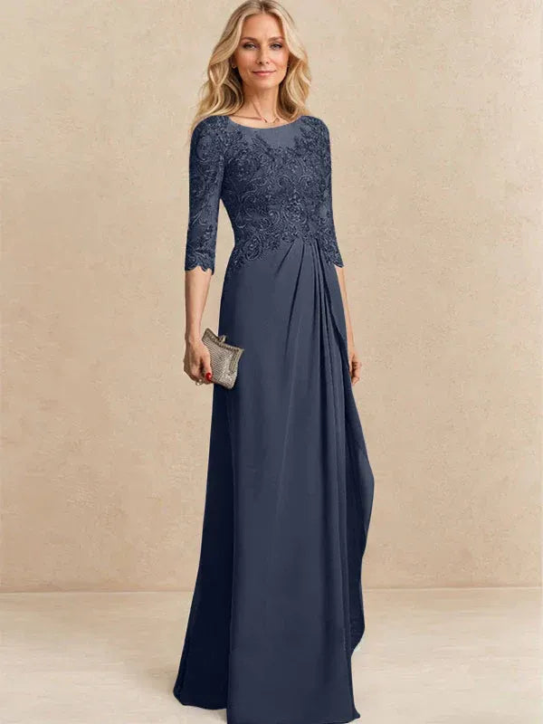 A-line Scoop Illusion Floor-Length Chiffon Lace Mother of the Bride Dress With Beading Sequins Cascading Ruffles