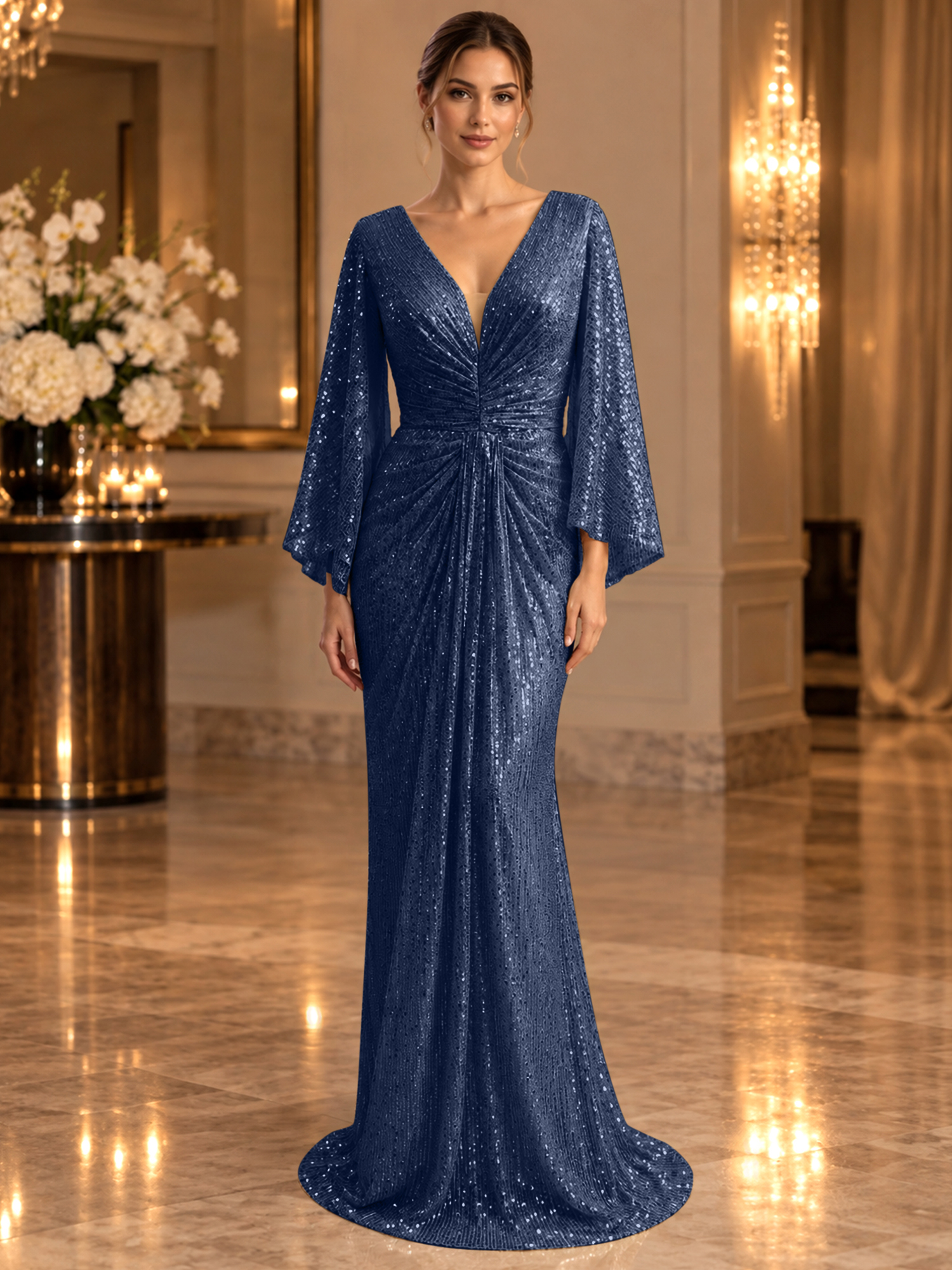 Gold Sequined V Neck Flare Sleeve Mermaid Maxi Dress