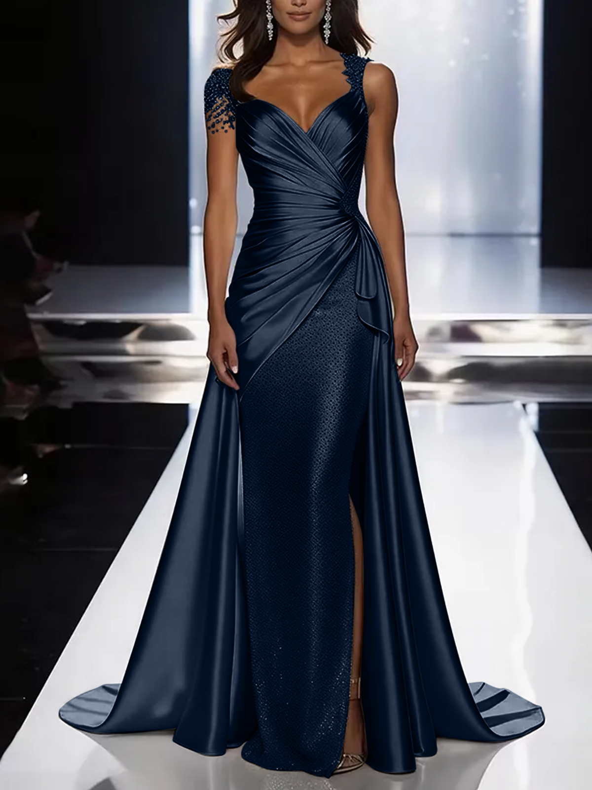 Silver Grey Deep V-Neck Draped Satin Metallic Mermaid Maxi Dress