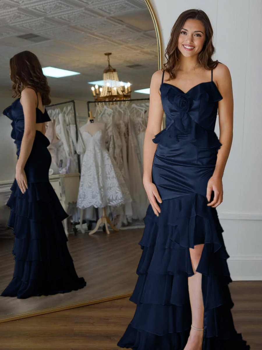 Yellow Mermaid Ruffle Chiffon Long Prom Dress with Flower