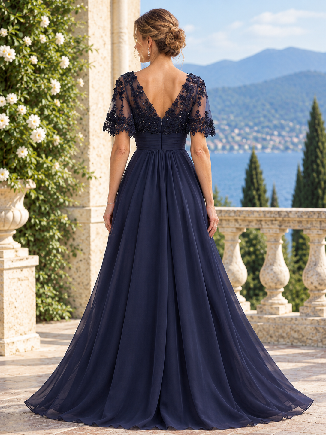 Navy Blue Sequin Lace Applique Chiffon Maxi Dress