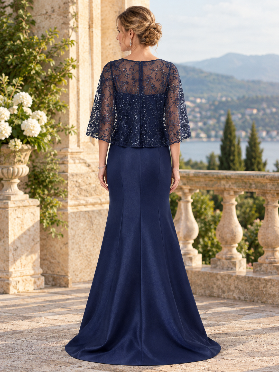 Navy Blue Elegant Sequin Lace Cape Sleeve Satin Mermaid Maxi Dress
