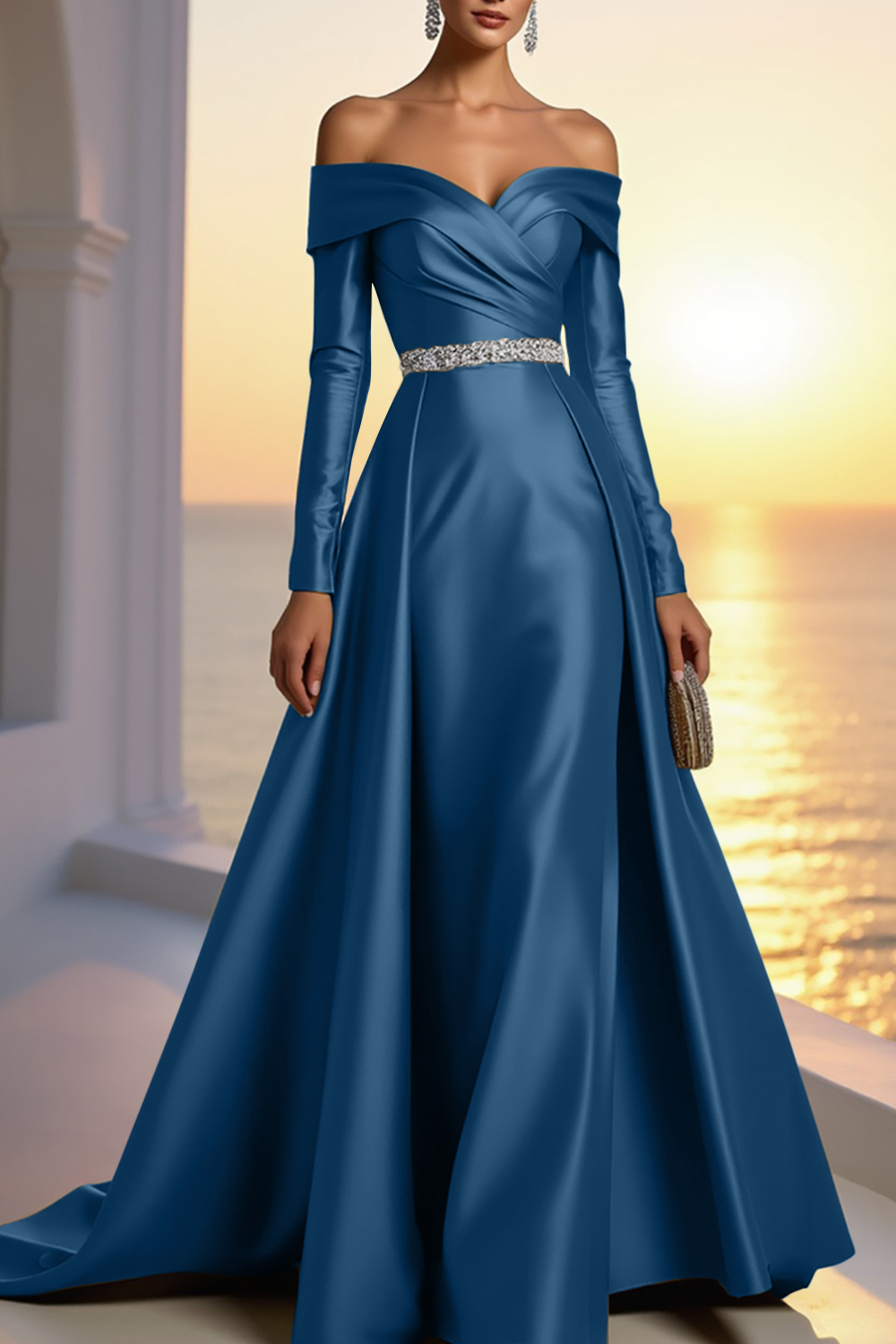 Formal Gold Satin Dress Off The Shoulder Long Sleeve Maxi Gown