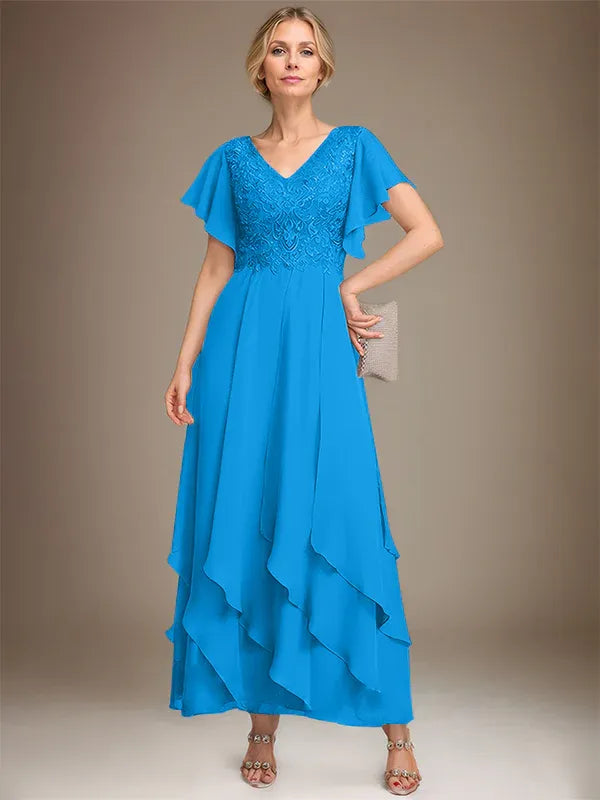 A-line V-Neck Ankle-Length Lace Chiffon Mother of the Bride Dress With Cascading Ruffles