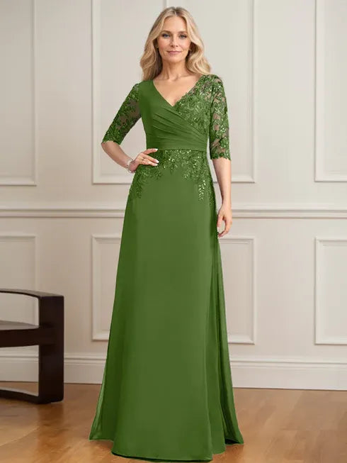 A-line V-Neck Floor-Length Lace Chiffon Mother of the Bride Dress With Pleated Sequins