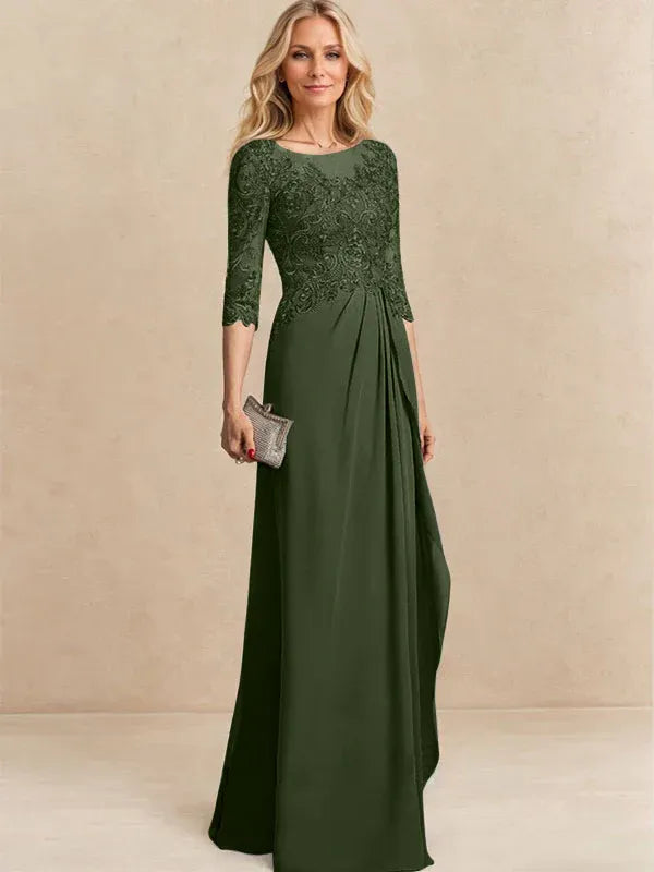 A-line Scoop Illusion Floor-Length Chiffon Lace Mother of the Bride Dress With Beading Sequins Cascading Ruffles