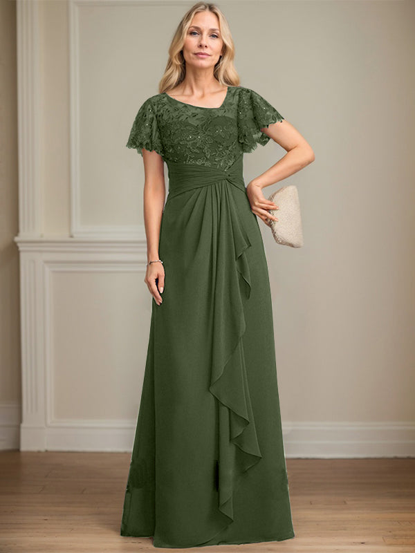 A-line Asymmetrical Illusion Floor-Length Lace Chiffon Mother of the Bride Dress With Cascading Ruffles Sequins