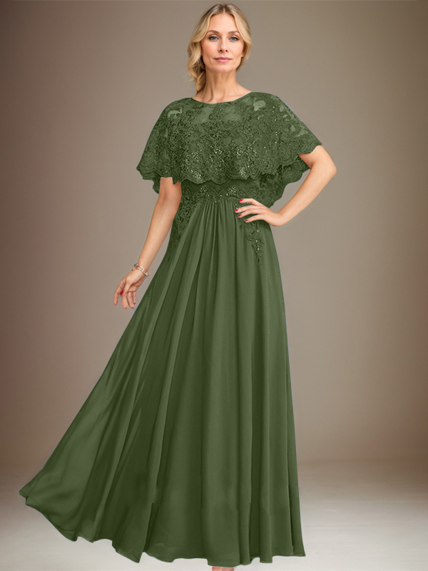 A-line Boat Neck Floor-Length Lace Chiffon Mother of the Bride Dress With Applique Sequins