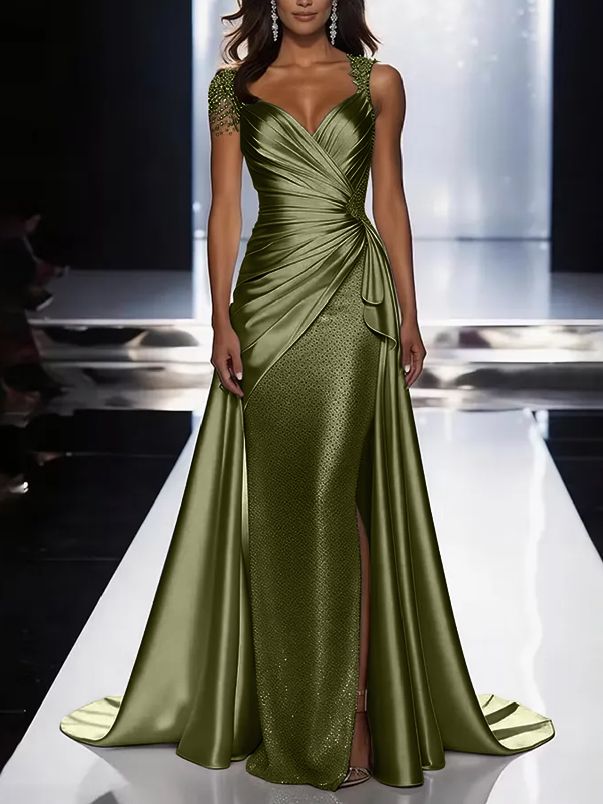 Silver Grey Deep V-Neck Draped Satin Metallic Mermaid Maxi Dress