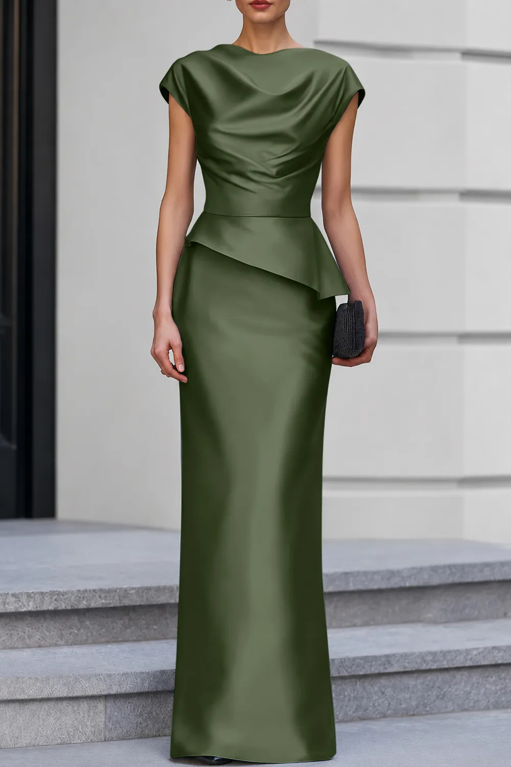 Navy Blue Cap Sleeve Satin Cowl Neck Peplum Maxi Dress