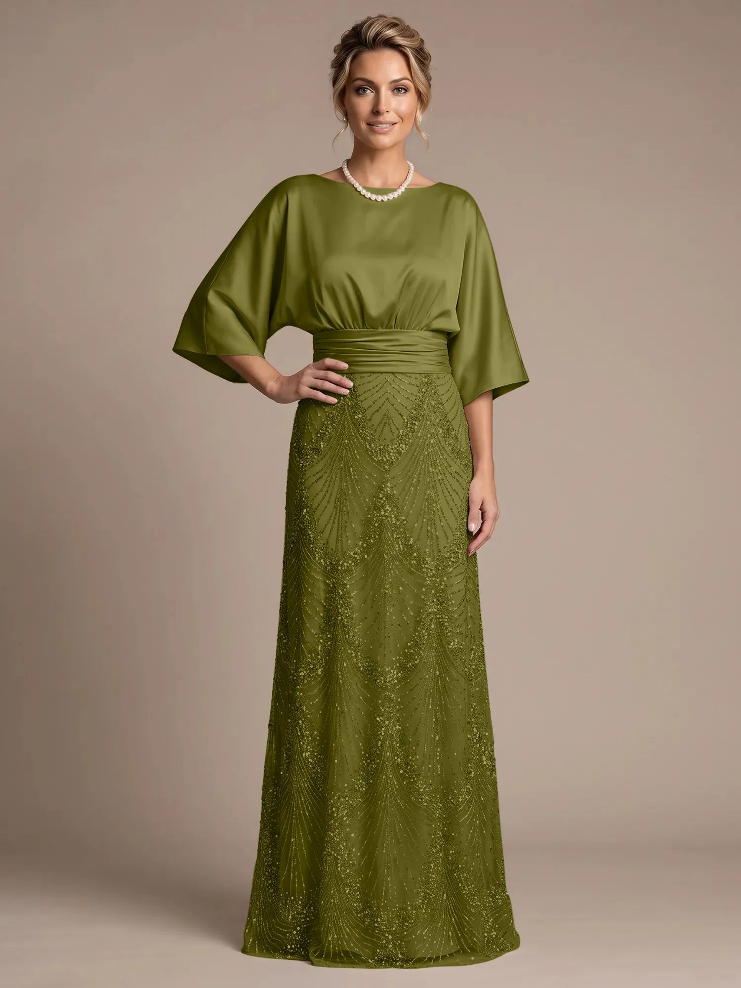 Champagne Bateau Neck Satin 3/4 Batwing Sleeves Maxi Dress