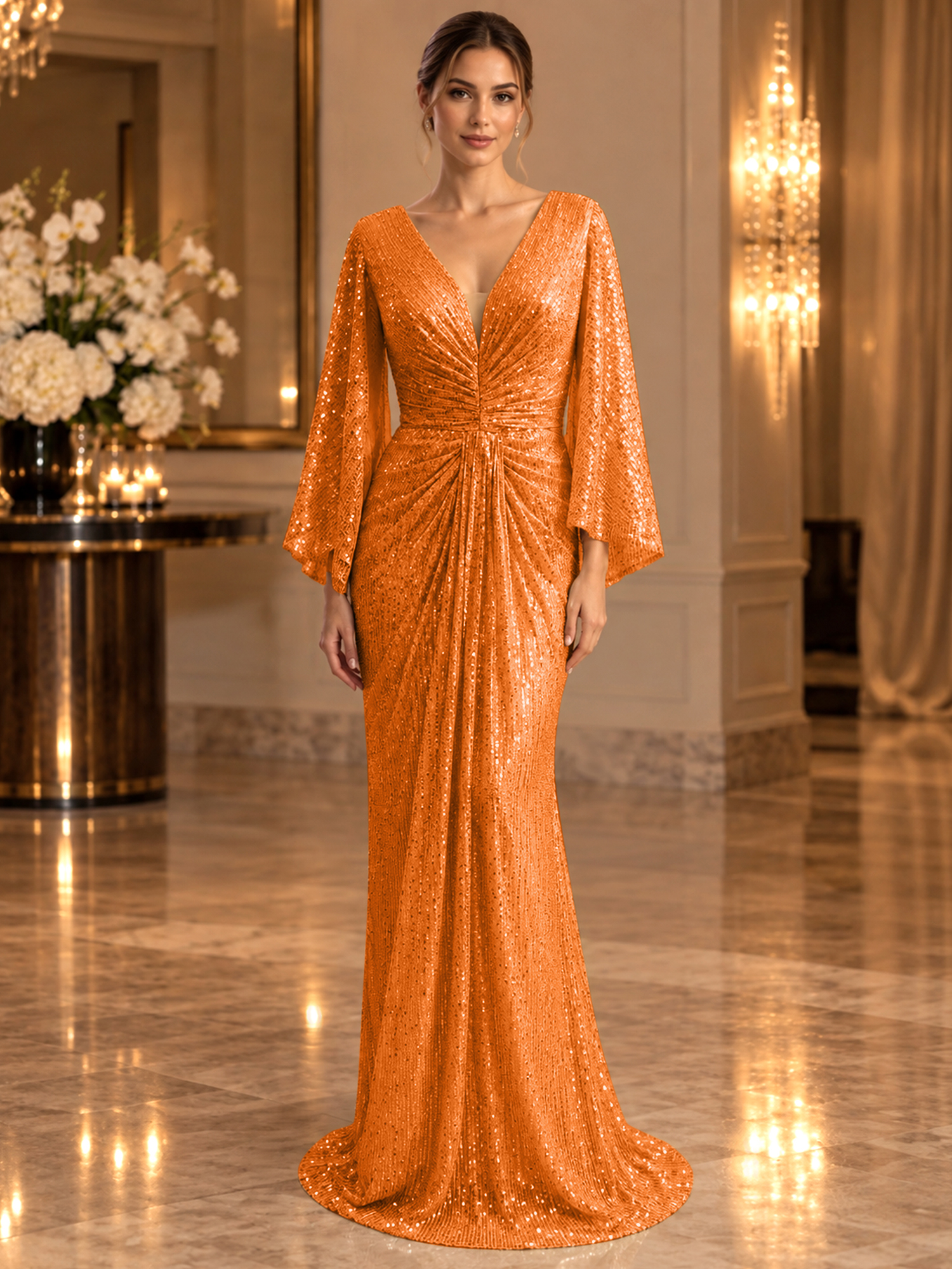 Gold Sequined V Neck Flare Sleeve Mermaid Maxi Dress