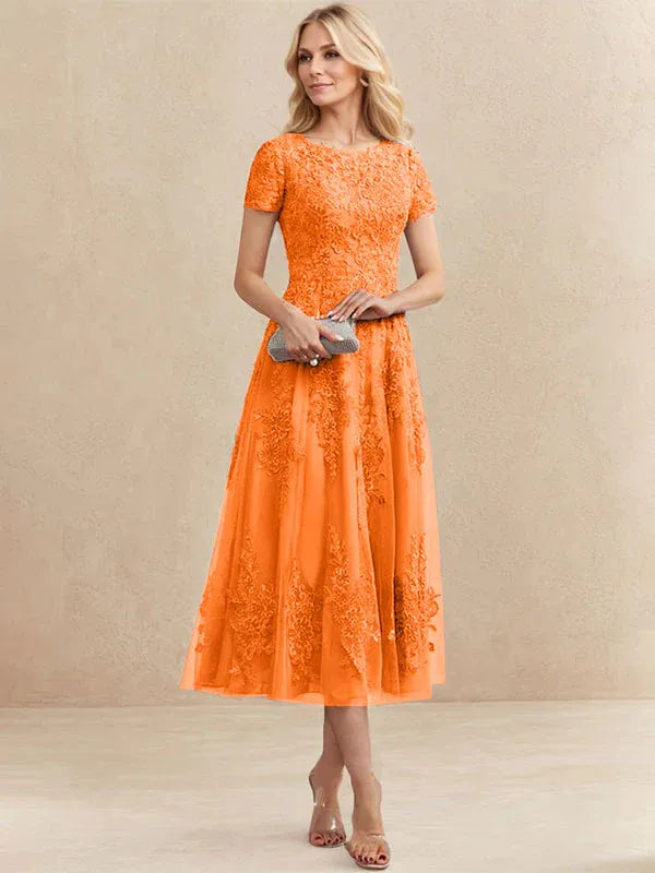 A-line Scoop Tea-Length Tulle Lace Mother of the Bride Dress