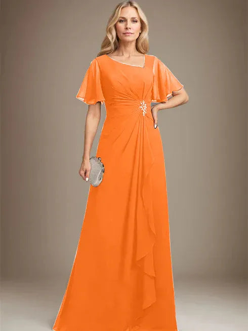 A-line Asymmetrical Floor-Length Chiffon Mother of the Bride Dress With Pleated Beading Sequins