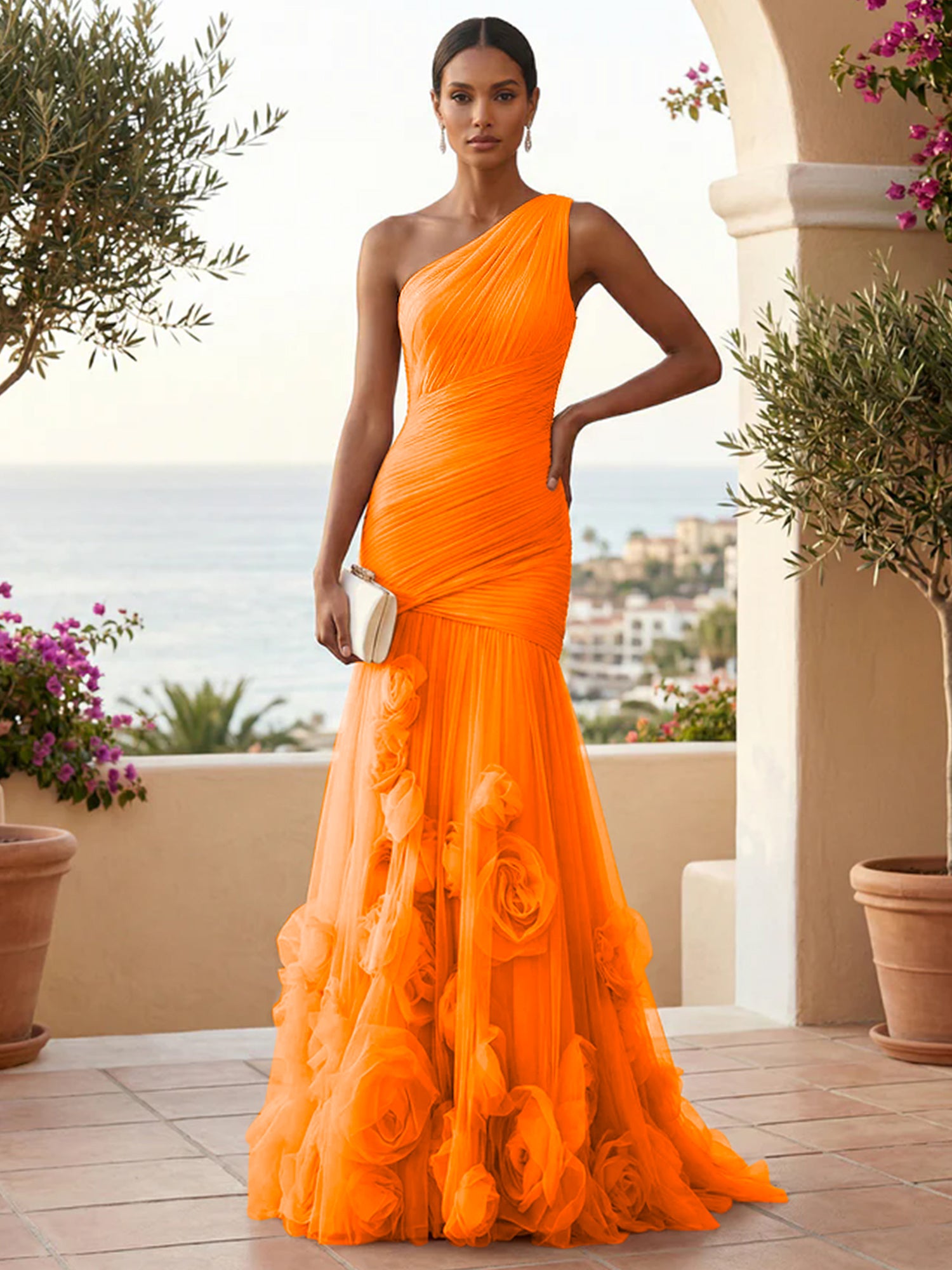 Sweetheart Tulle Pleat One Shoulder Mermaid Evening Dresses Gown with 3D Flower